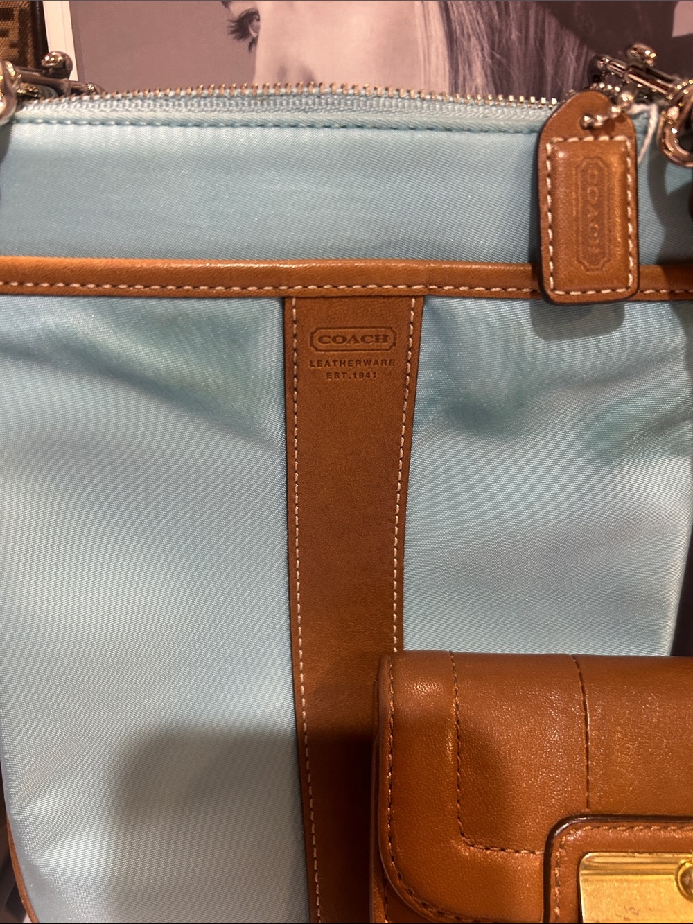 Coach Light Blue and Brown Leather-Trim Crossbody with Matching Wallet - Picture 3 of 13